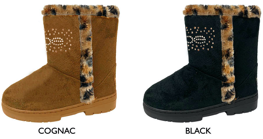 Girl's Microsuede Winter BOOTS w/ Bebe Rhinestone Logo & Leopard Faux Fur Trim