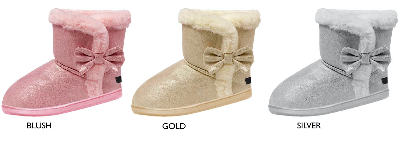 Girl's Shimmer Microsuede Winter BOOTS w/ Bow & Faux Fur Trim