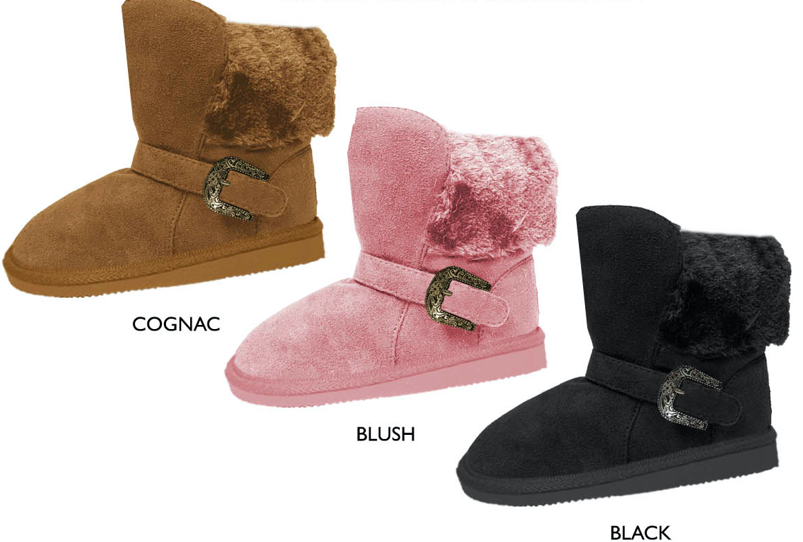 Girl's Microsuede Winter BOOTS w/ Faux Fur Cuff & Buckled Strap