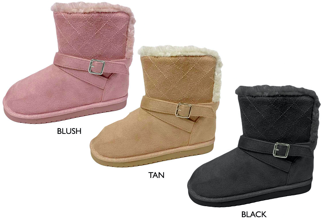 Girl's Quilted Microsuede Winter BOOTS w/ Faux Fur Trim & Buckled Strap