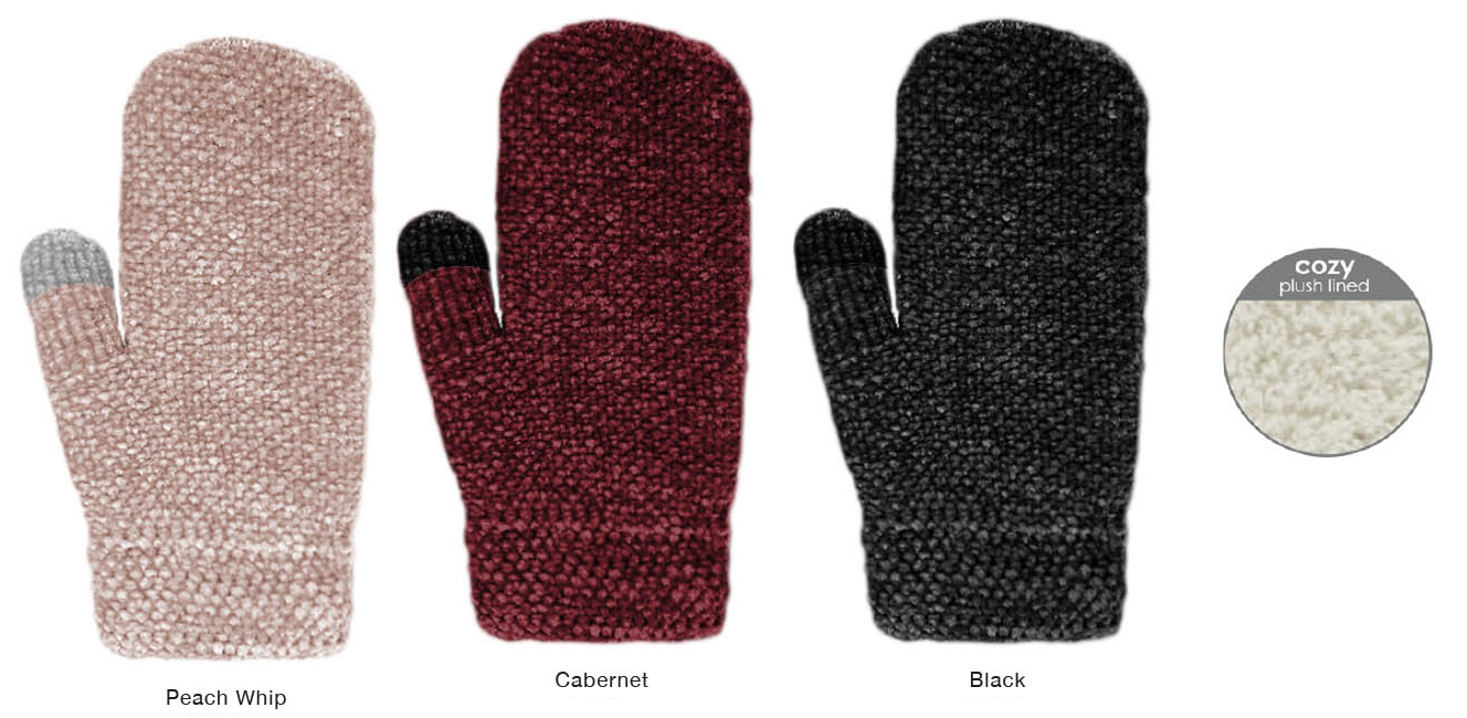 Women's Plush Lined Chenille Mittens w/ Touchscreen Capability - Assorted Colors