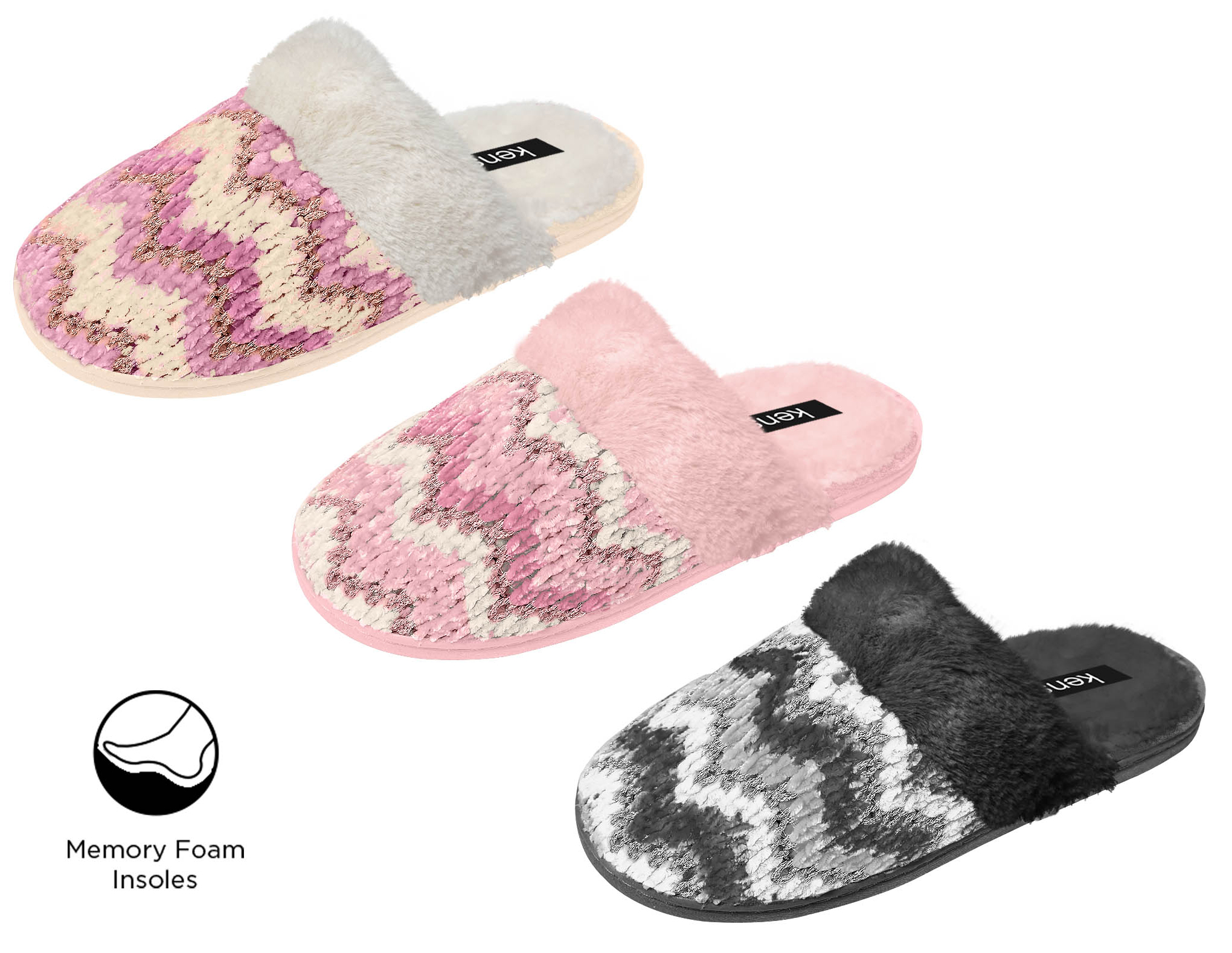 Women's Chenille Shimmer Knit Mule Slippers w/ Faux Fur Trim & Memory Foam Insoles