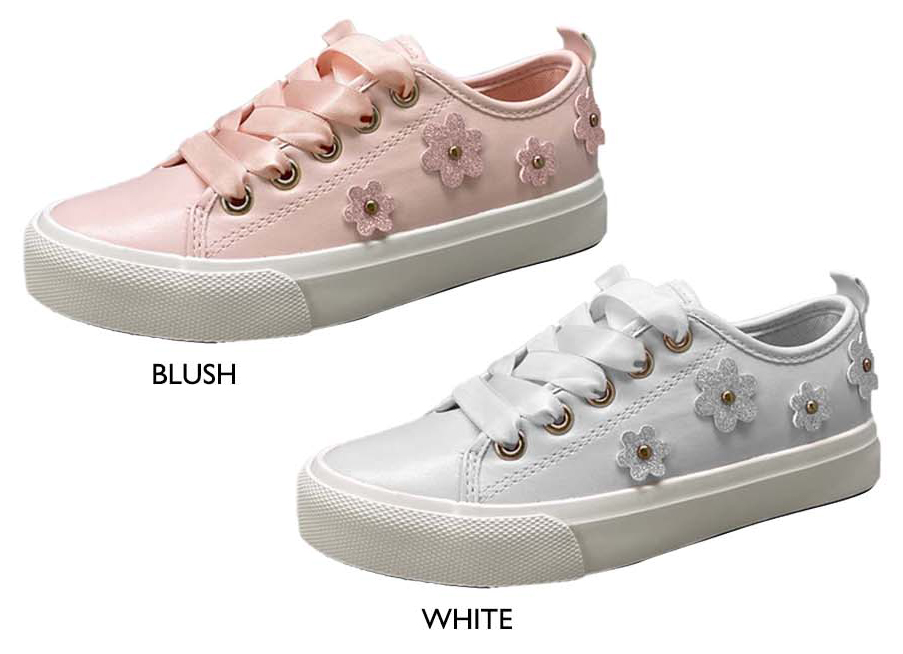Girl's Lace-Up Low Top Sneakers w/ Satin Laces & Glitter FLOWER Adornments