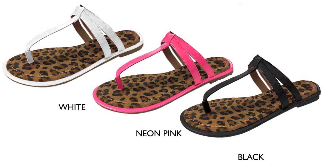 Women's Patent Leather Thong SANDALS w/ Leopard Print Footbed