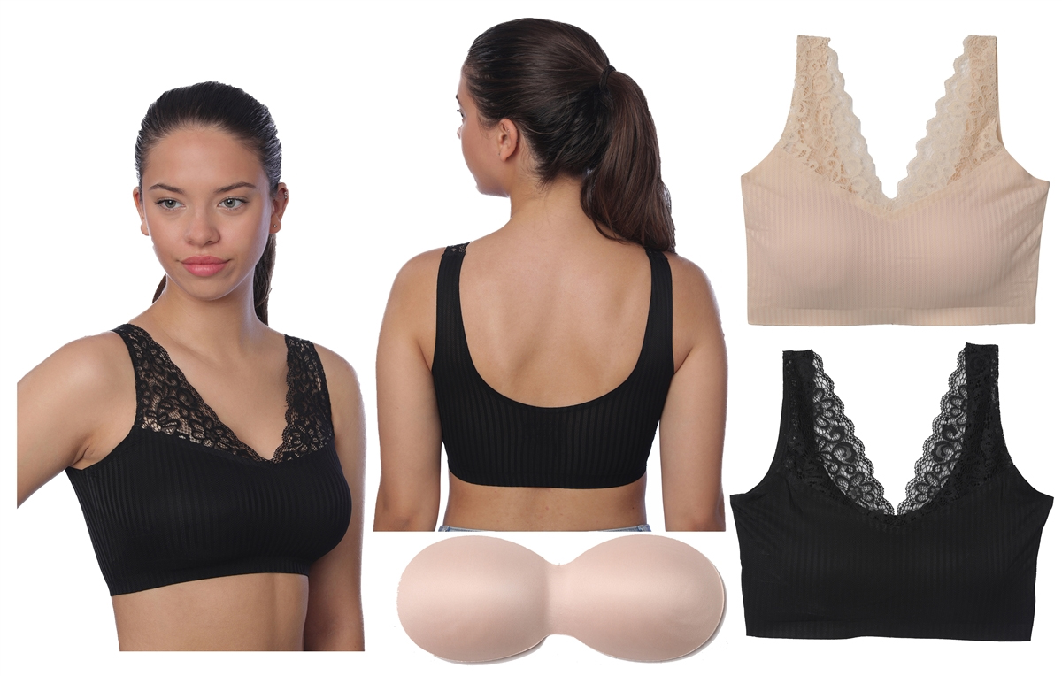''Second Skin Pullover Sports BRAs w/ Lace Straps, Trim, U-Back, & Removable Pads''