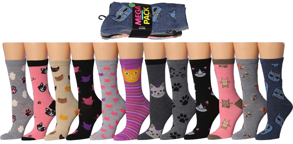 Women's Novelty Crew Socks - Cat Prints - Size 9-11 - 6-Pair Packs