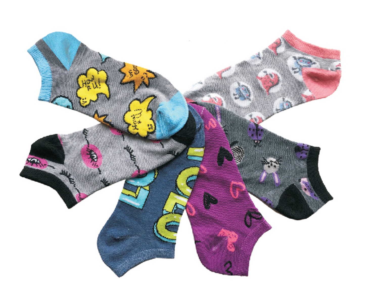 Women's Low Cut Novelty Socks - Pop Art Print - Size 9-11 - 6-Pair Packs
