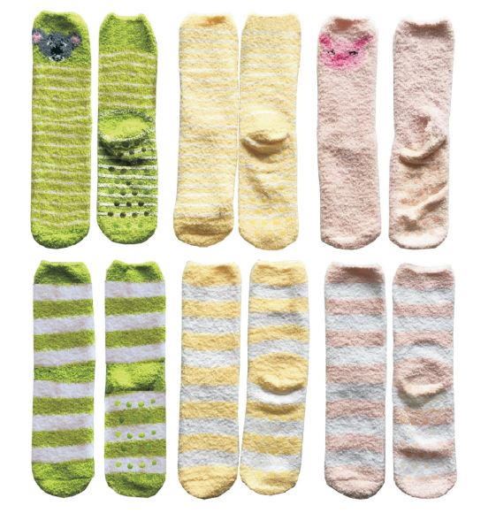 Women's ANIMAL Printed Fuzzy Crew Socks w/ Non-Skid Grips - Pastel Colors & Stripes - Size 9-11