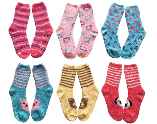 ''Women's ANIMAL Printed Fuzzy Crew Socks w/ Non-Skid Grips - Polka Dots, Hearts & Stripes - Size 9-1
