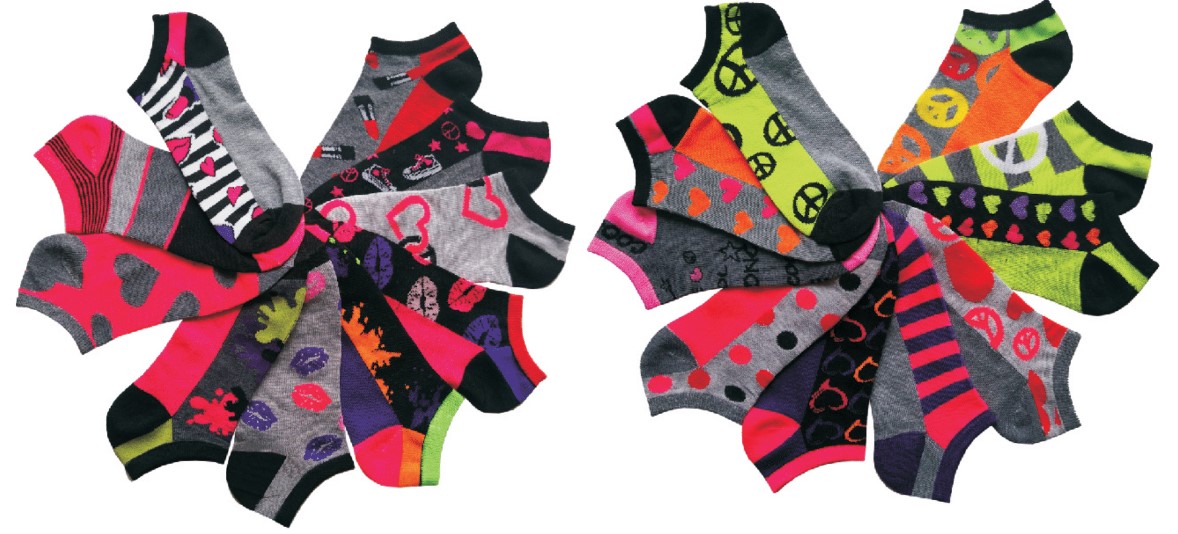 Women's No Show Neon Novelty Socks - Peace & Love Print - 10-Pair Packs - Size 9-11