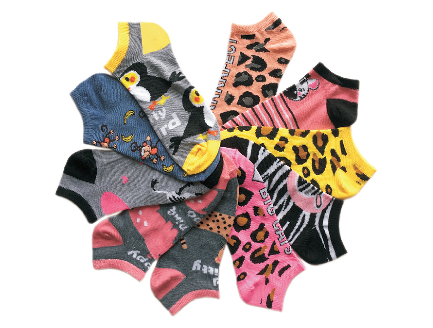 ''Women's No Show Novelty Socks - Leopard, Zebra, & Bird Print - 10-Pair Packs - Size 9-11''