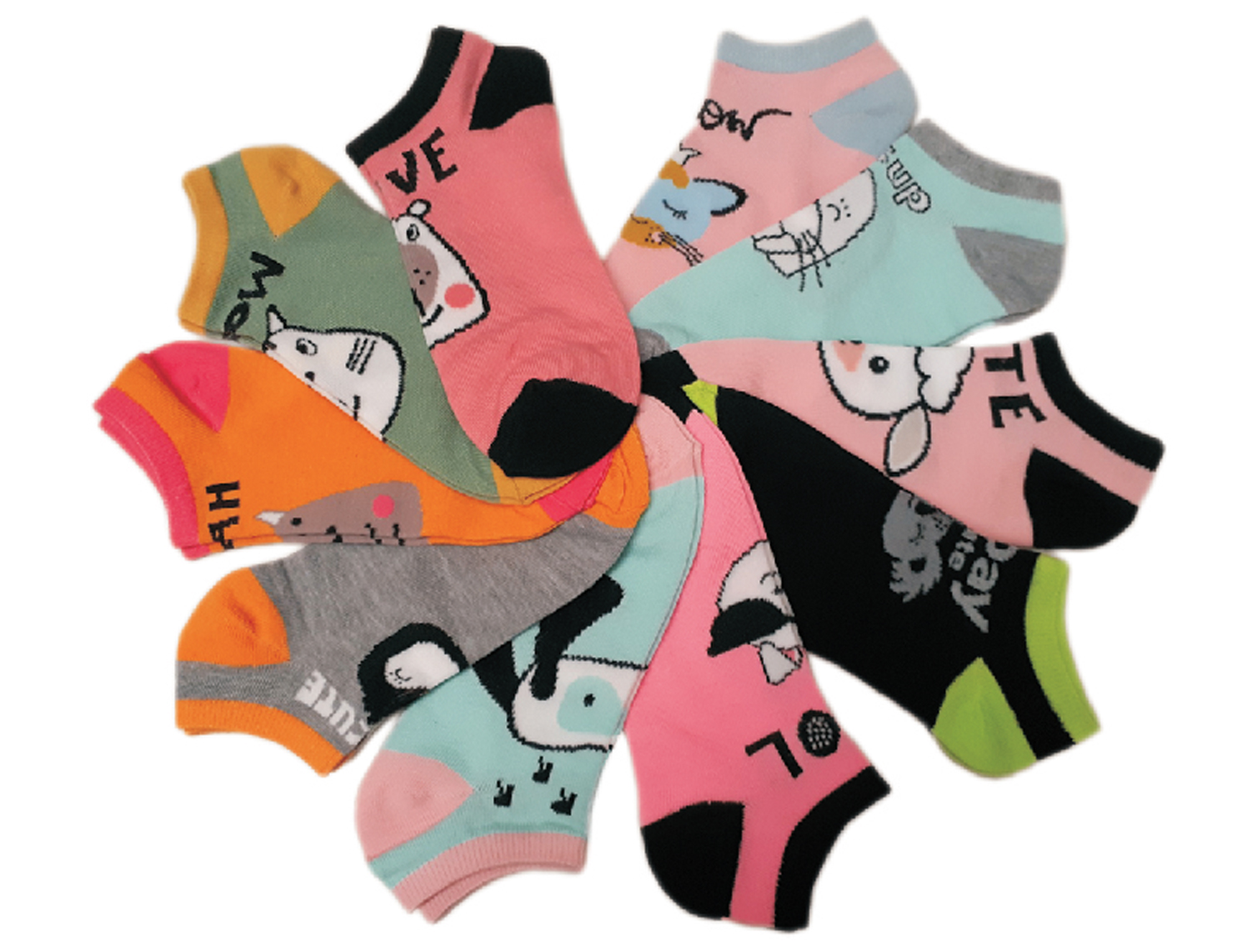 Women's No Show Novelty Socks - Cuddly ANIMAL & Slogan  Print - 10-Pair Packs - Size 9-11