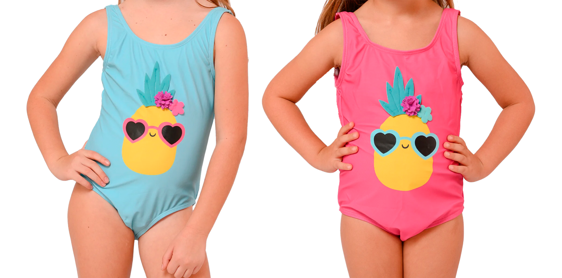 Infant Girl's Two Tone One-Piece Swimsuits w/ Embroidered FLOWERS - Pineapple Print - Sizes 12M-24M