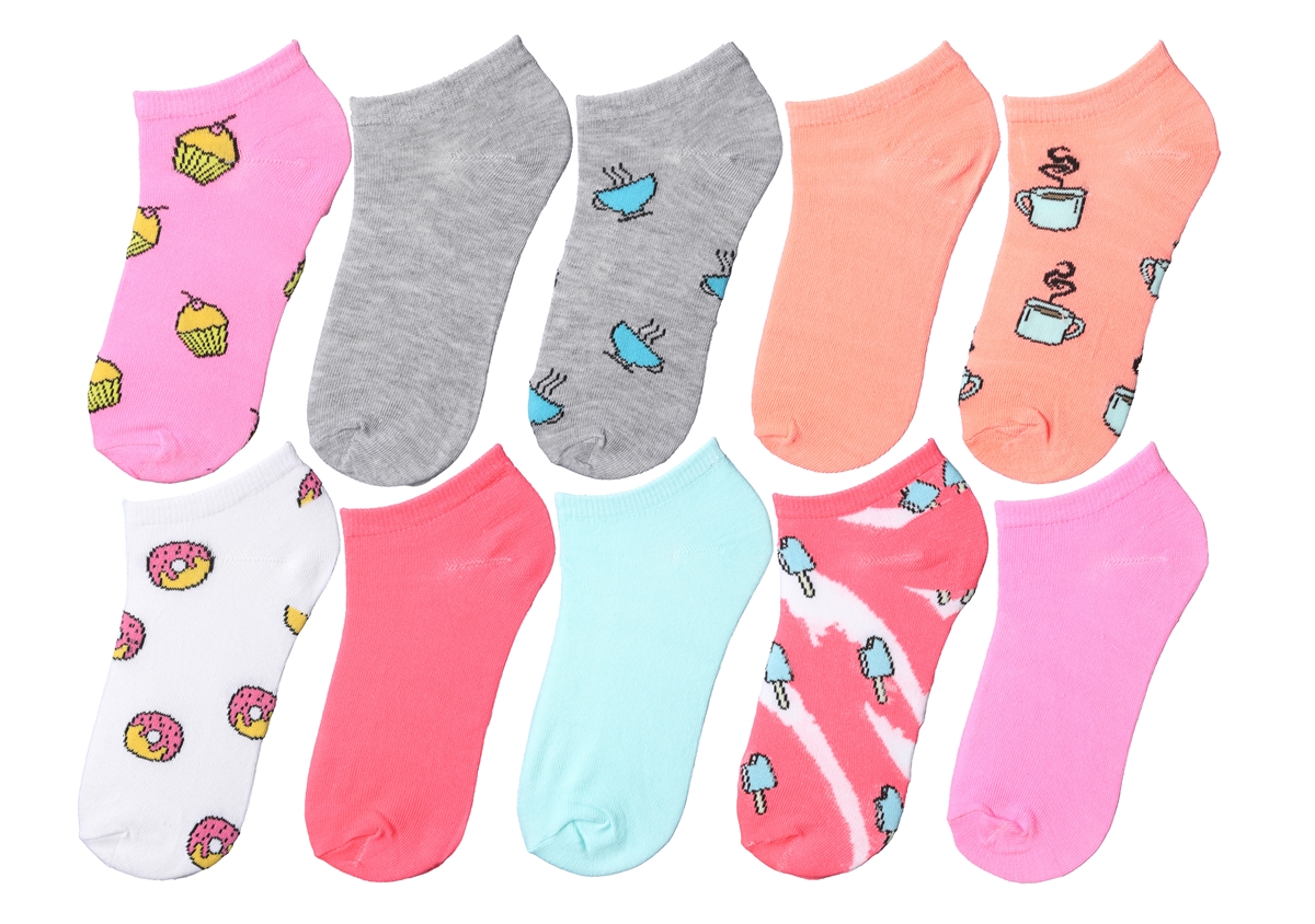 Girl's No Show Socks - Cupcake/COFFEE/Donut/Popsicle Theme - Size 6-8 - 10-Pair Packs