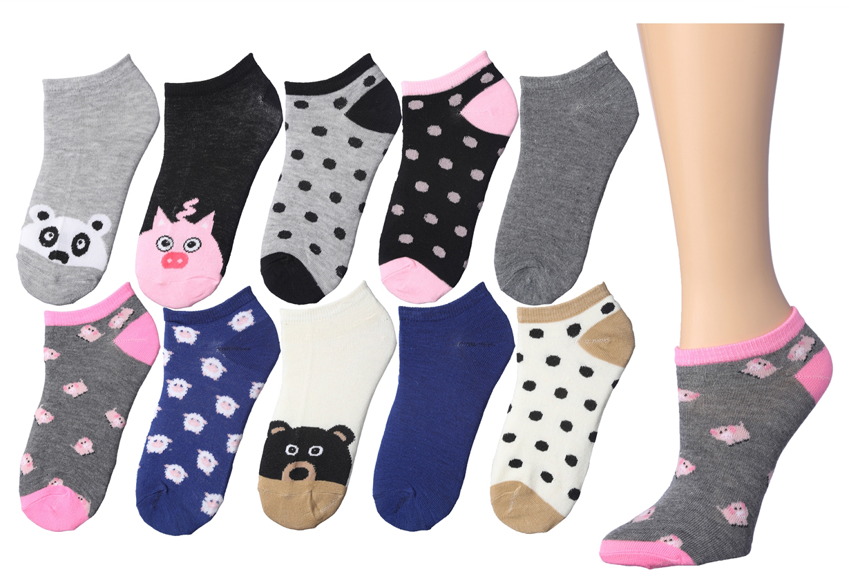 Girl's No Show SOCKS - Panda/Pig/Sheep/Bear Polka Dot Animal Theme - Size 6-8 - 10-Pair Packs