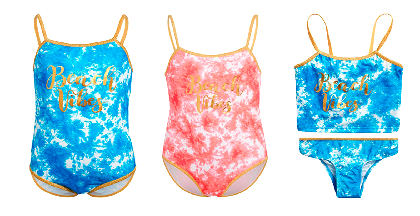 Toddler Girl's Two Tone One-Piece & Two-Piece Swimsuits w/ Embroidered GOLD Graphics - Tie-Dye Print