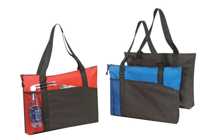 Two Tone Zip-Up Poly Tote Bags w/ Mesh Pocket & PEN Holders - Choose Your Color(s)