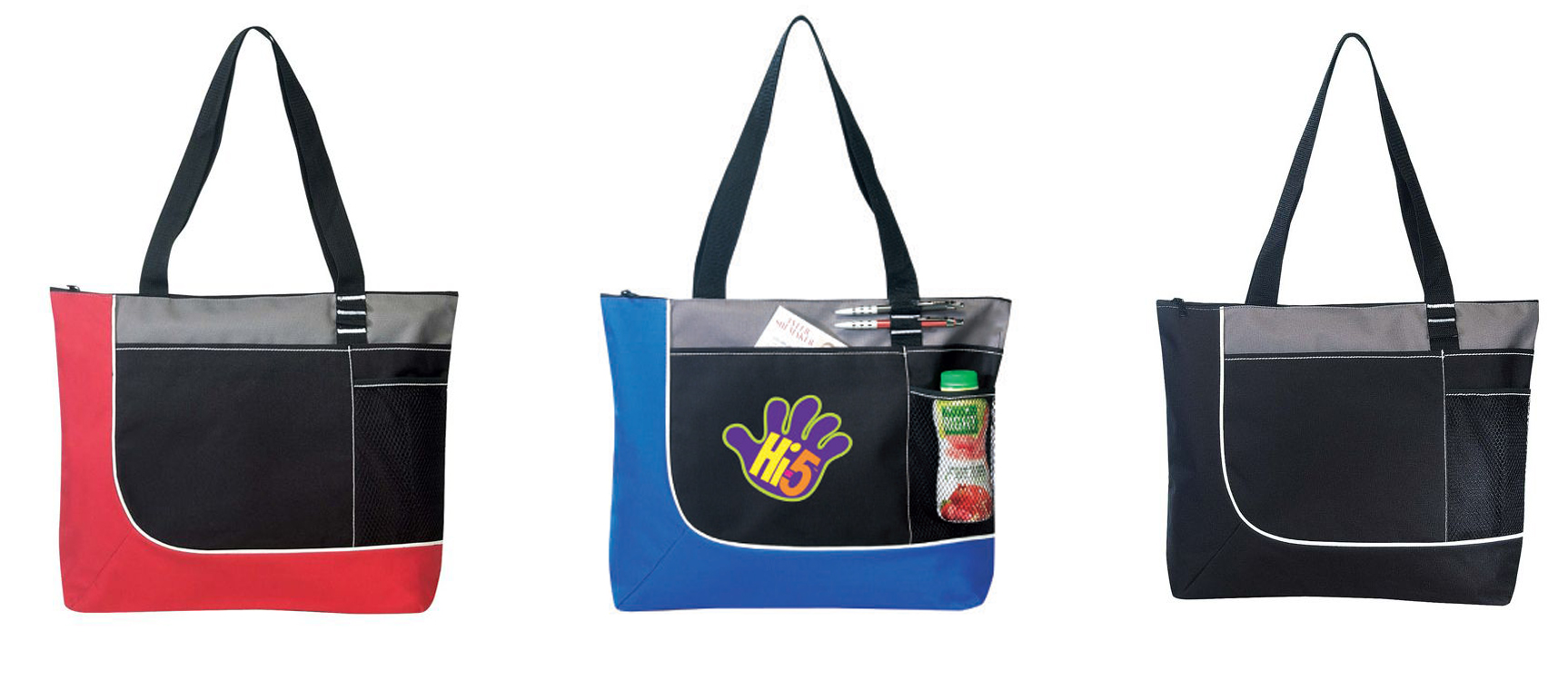 Two Tone Poly Zip-Up Tote Bags w/ Mesh Cargo Pocket & PEN Holders - Choose Your Color(s)