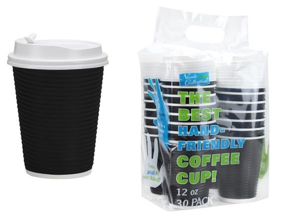 12 oz. Ripple Hot Cup w/ Lid - Black - 30-Packs - Nicole Home Collection
