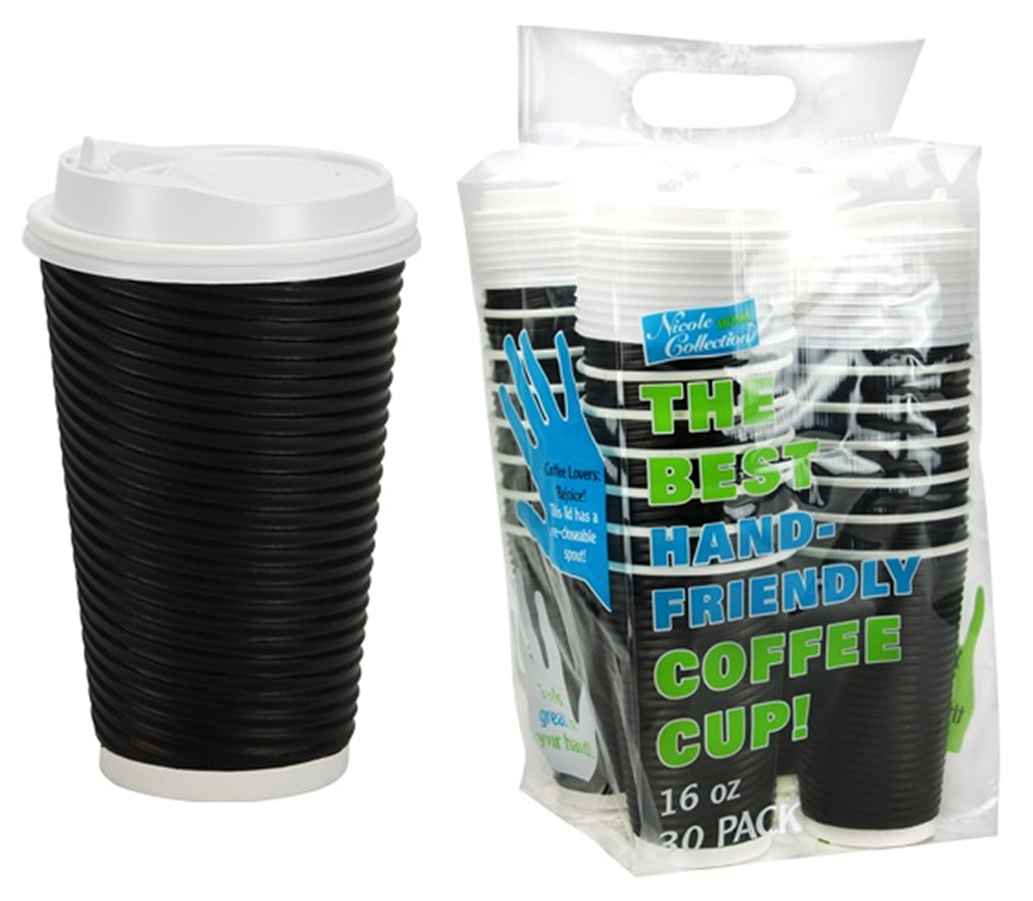 16 oz. Ripple Hot Cup w/ Lid - Black - 30-Packs - Nicole Home Collection