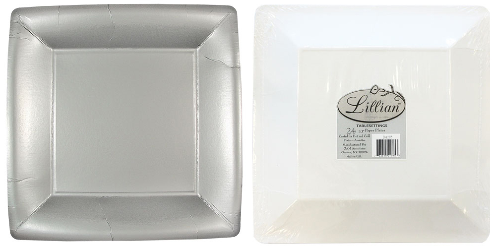''Solid Silver 10'''' Square DINner Paper Plates - Lillian''