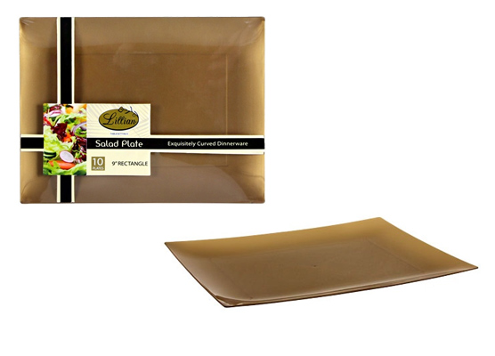 Rectangular GOLD Plastic Salad Plates by Lillian - 9'' x 6.875'' - 10-Packs