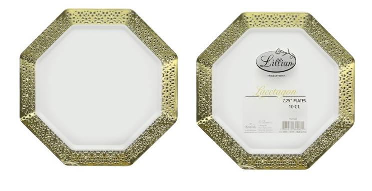''Lacetagon - 7.25'''' Pearl Plate - GOLD Rim - 10-Packs - Lillian''