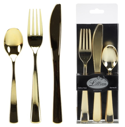 Polished Gold Plastic Cutlery - Boxed - 24-Packs - Lillian