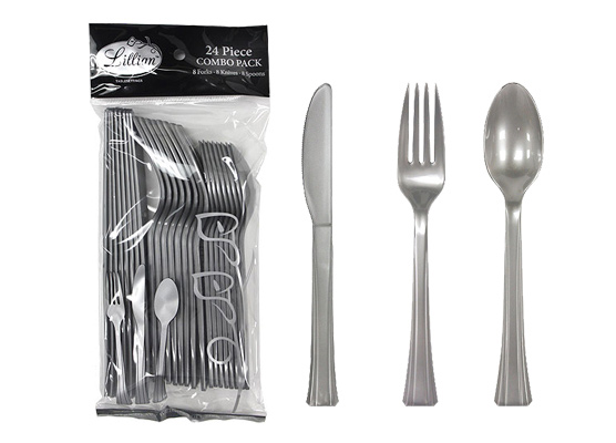 Silver Plastic Cutlery 24 Piece Sets by Lillian - 24-Packs