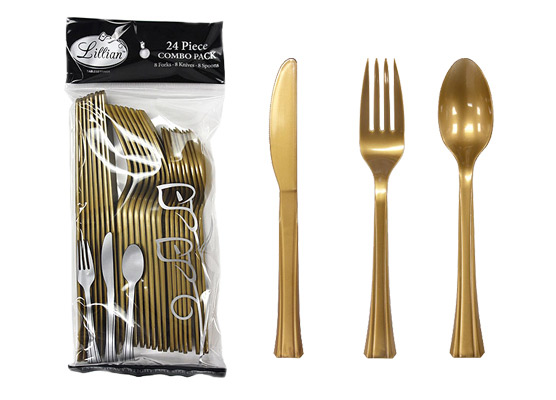Gold Plastic Cutlery 24 Piece Sets by Lillian - 24-Packs