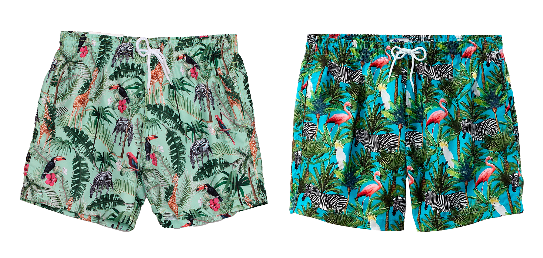 Men's High Fashion Swim Trunks w/ Tropical Jungle & ANIMAL Print - Sizes Small-XL