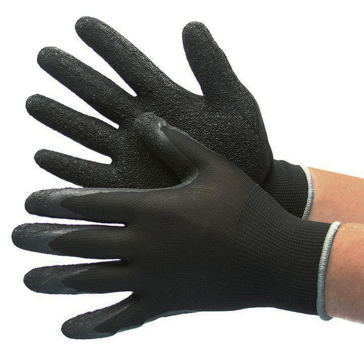 13 Gauge (Ultra Thin) Polyester String Knit GLOVES w/ Textured Latex Coating - Black/Black - Size: X