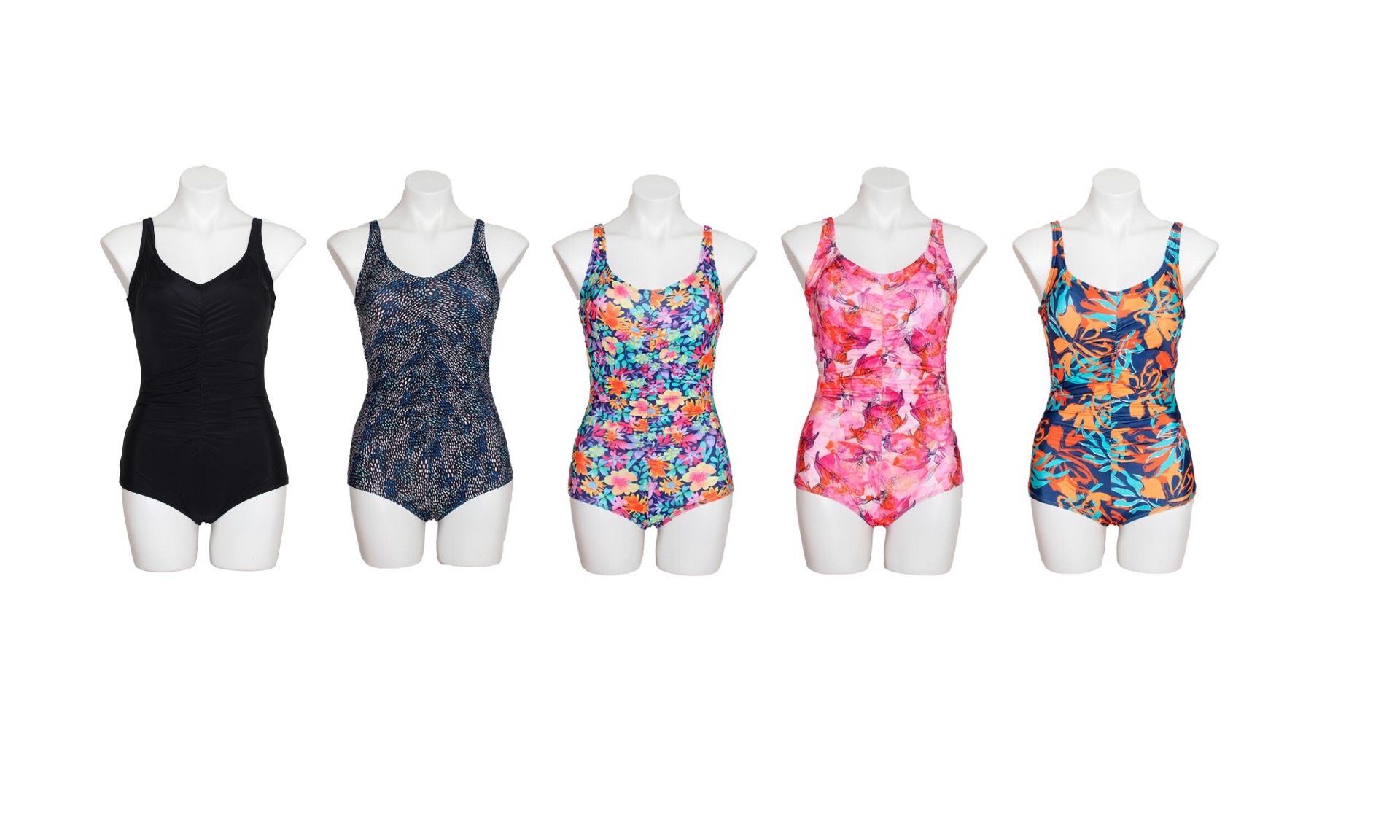 ''Women's Printed One-Piece Fashion Swimsuits w/ Shirred Front - Tropical Floral, Palm Tree, & Solid 