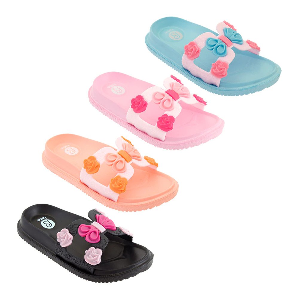 Girl's Barbados Slide Sandals w/ Embroidered Rose FLOWERS & Bow-Tie