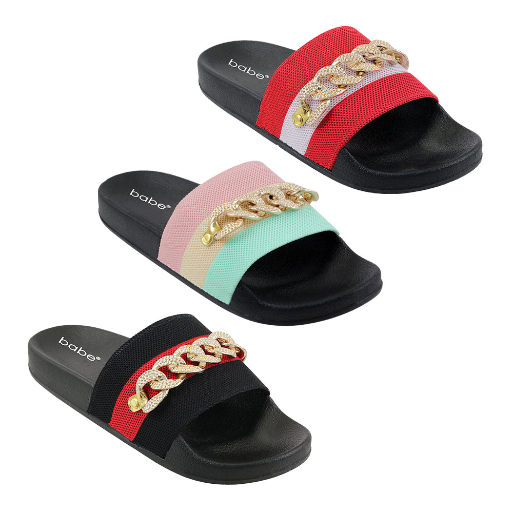 Women's Two Tone Striped Barbados Slide Sandals w/ Embroidered GOLD Chain & Rhinestones