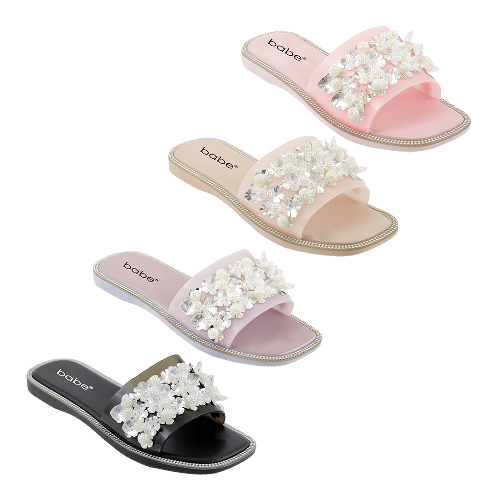 Women's Slide Sandals w/ Shimmer FLOWERS & Rhinestone Trim