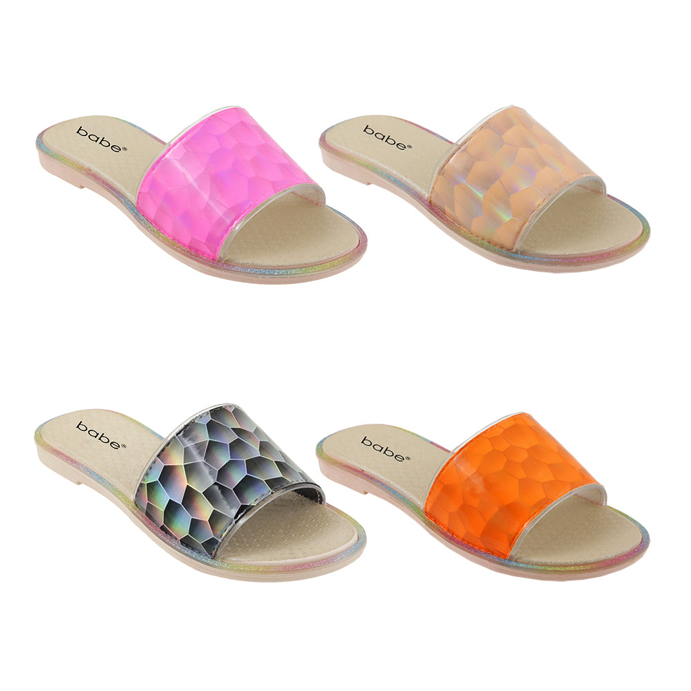 Women's Mini Wedge Fashion Slide SANDALS w/ Holographic Straps & Babe Printed Soft Footbed