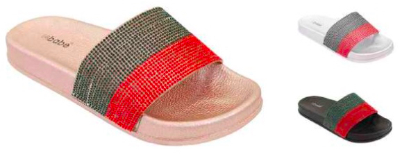 Women's Slide Sandals w/ Red & Black Rhinestone Straps