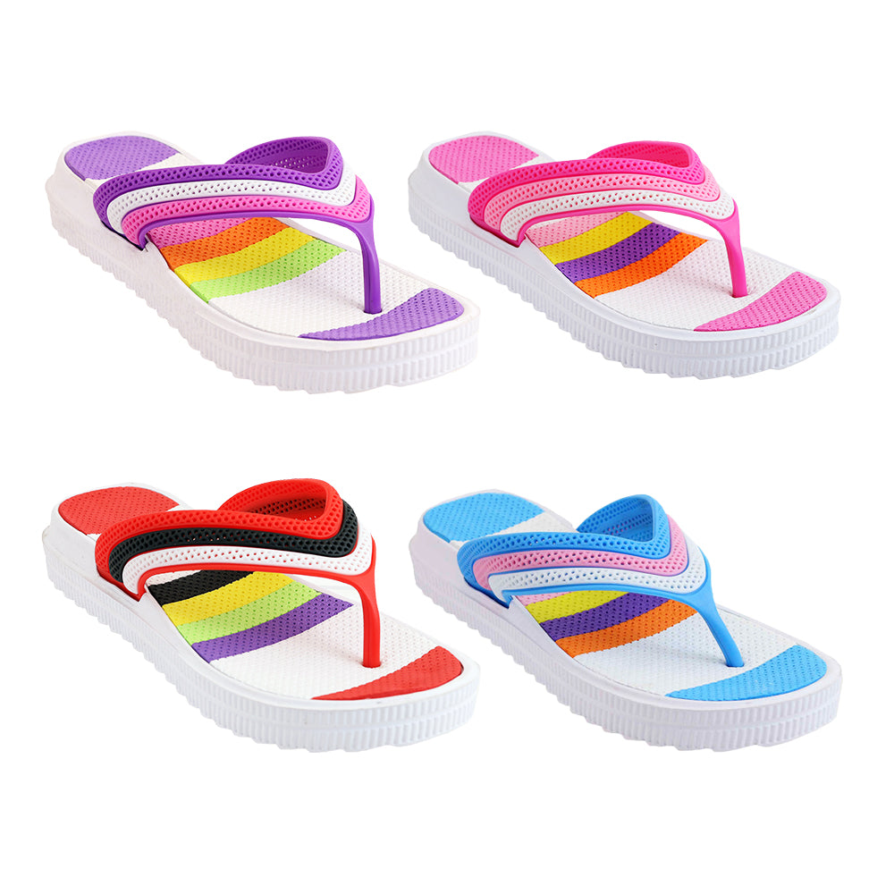 Women's Striped Wedge Rainbow FLIP FLOPS w/ Soft Textured Footbed