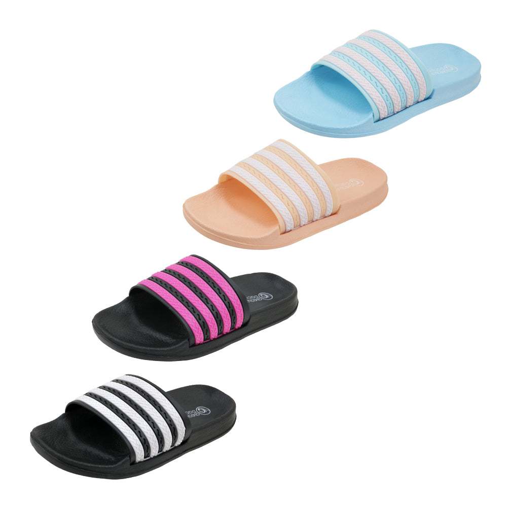 Women's Athletic Two Tone Barbados Slide SANDALS w/ Ribbed Stripes & Embroidered Wave Patterns