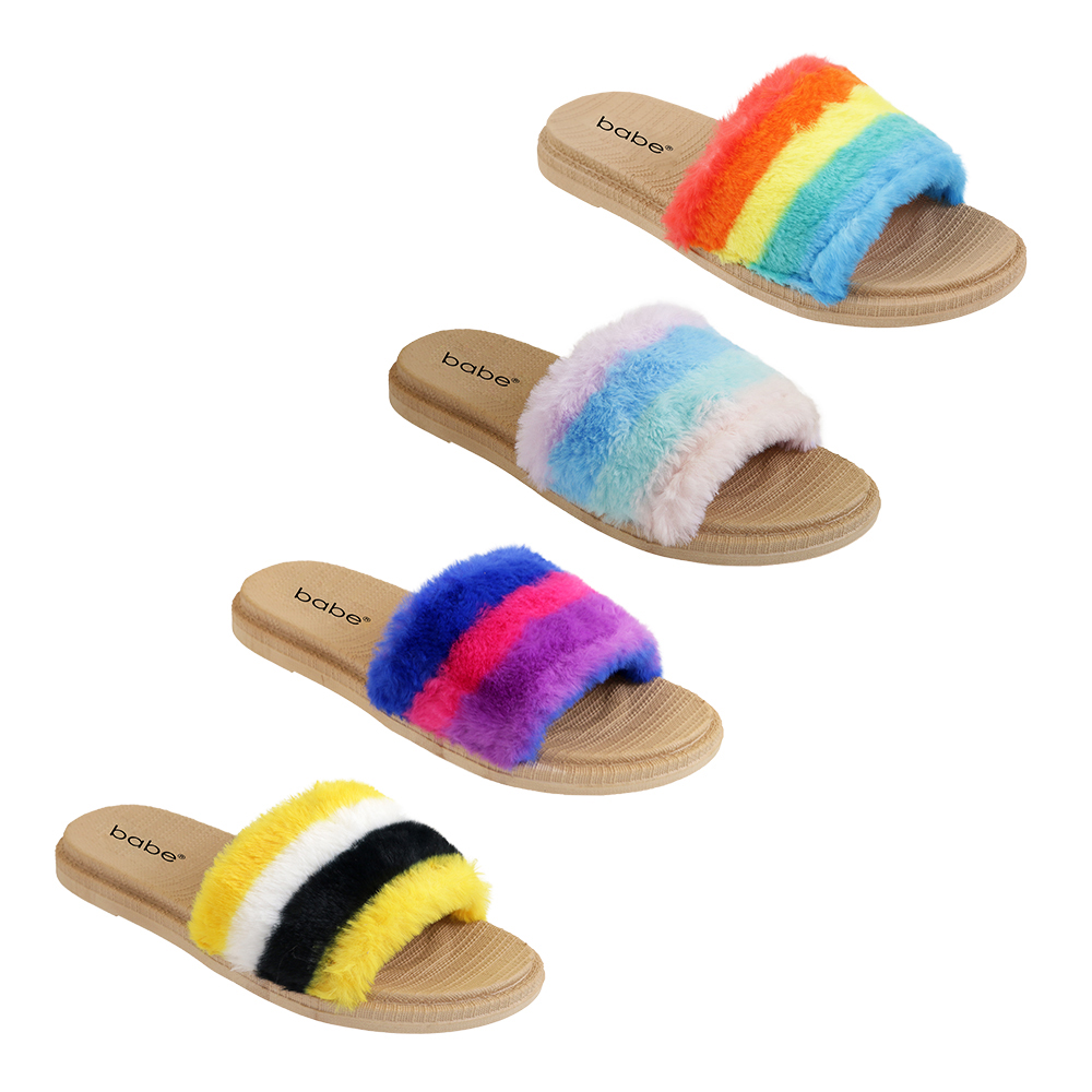 Women's Two Tone Faux Fur Wedge Slide SANDALS w/ Wooden Boardwalk Printed Footbed