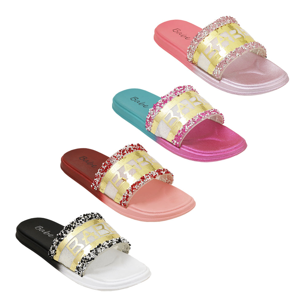 Women's Barbados Slide Sandals w/ Embroidered Gold Babe Print & Confetti FLOWERS