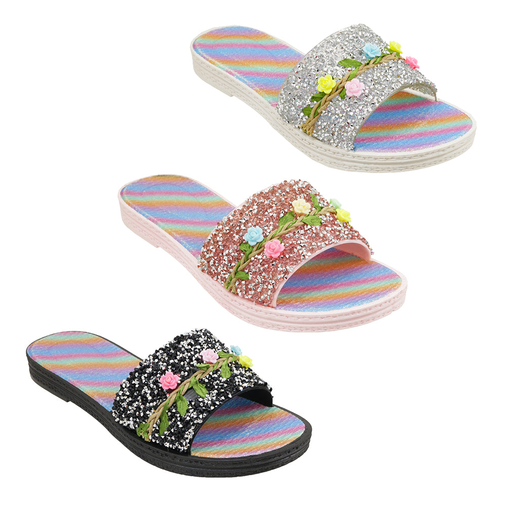 Women's Fashion Wedge Slide Sandals w/ Rainbow Footbed & Embroidered FLOWERS