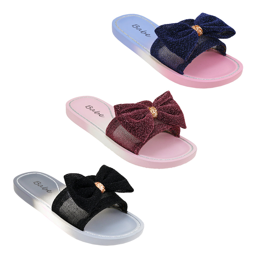 Women's Fashion Slide SANDALS w/ Ombre Footbed & Metallic Satin Floral Bow