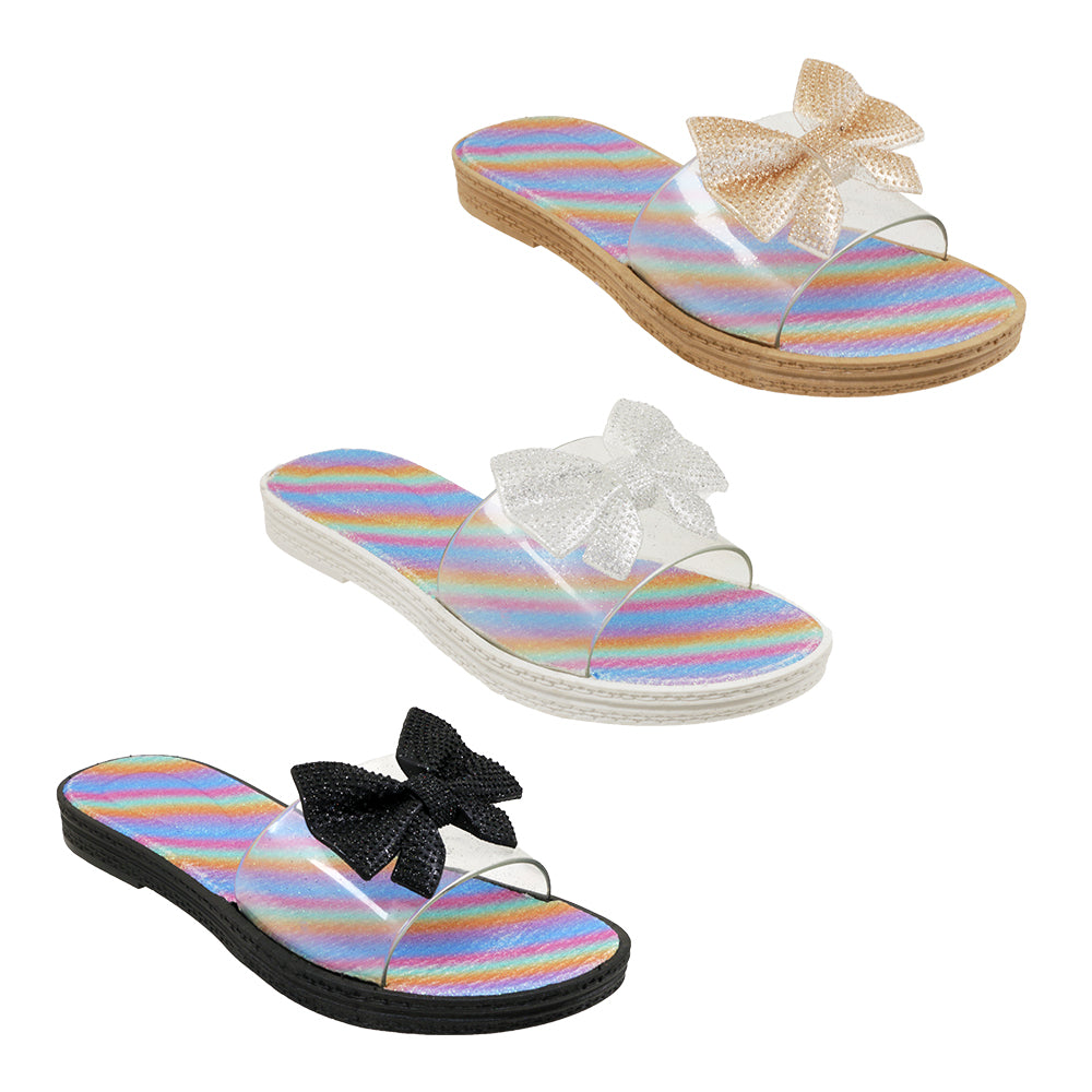 Women's Wedge Fashion Slide SANDALS w/ Holographic Rainbow Footbed & Rhinestone Floral Bow