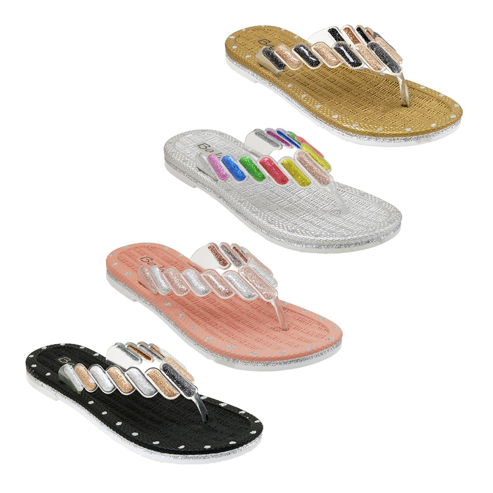 Women's Fashion Flip Flop Thong SANDALS w/ Embroidered Glitter Gems & Soft Textured Footbed