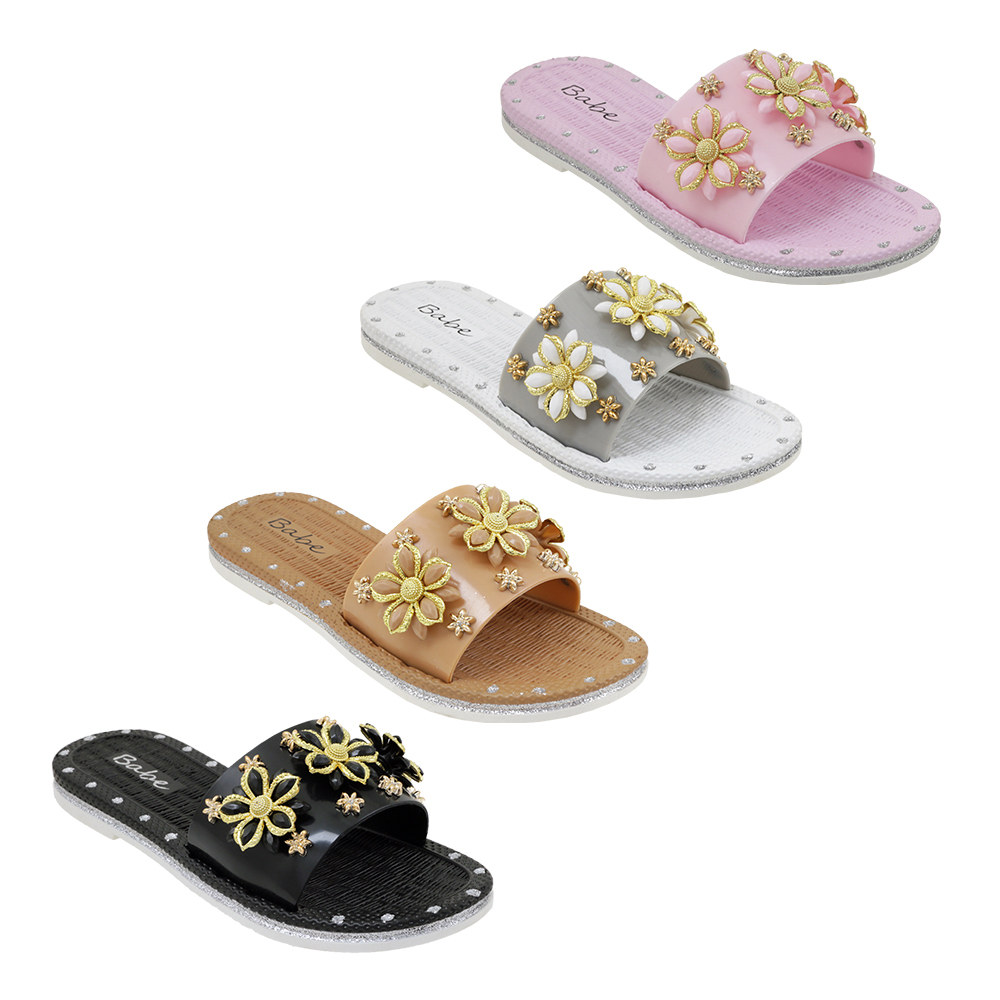 Women's Slide Sandals w/ Embroidered Metallic FLOWERS & Soft Footbed