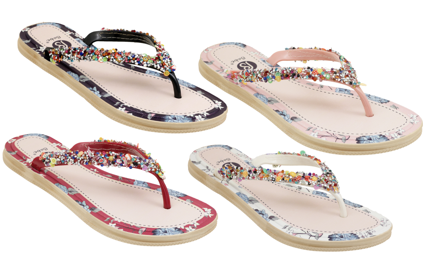 Women's Wedge Flip Flop Slide Sandals w/ Embroidered CANDY Rhinestones