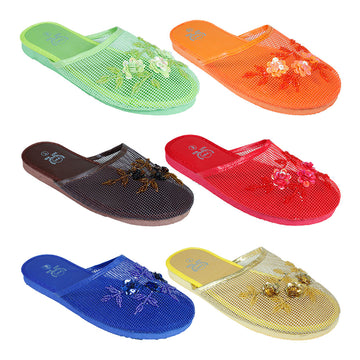 Women's Mesh Mule Slide Slippers w/ Embroidered FLOWERS - Assorted Colors - Size 5-10