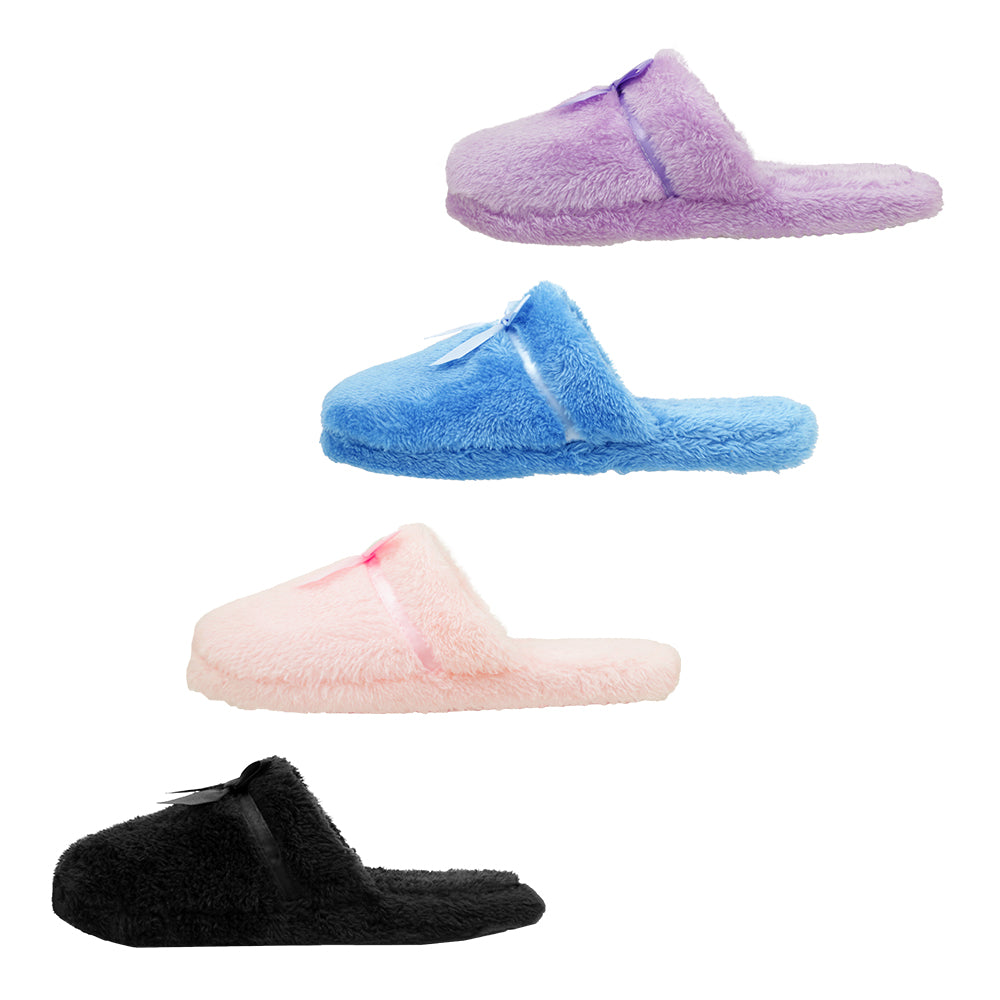 Women's Faux Fur Mule Bedroom SLIPPERS w/ Embroidered Ribbon Bow & Soft Footbed